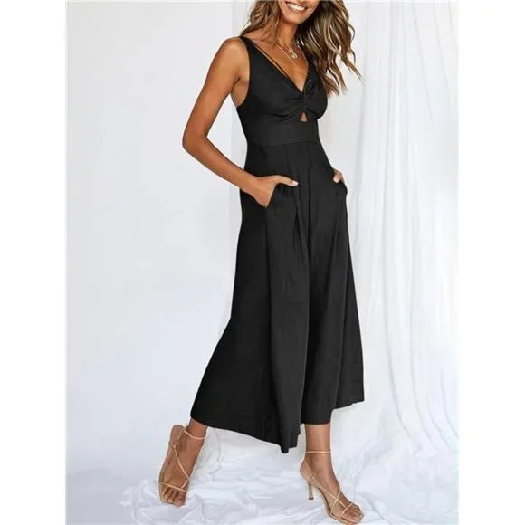 Women's Summer Wide Leg Linen Jumpsuit V Neck Sleeveless Casual Pants Romper